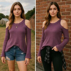 Free People Women Plum Cold Shoulder Thermal Top M Festival Grunge Boho Indie